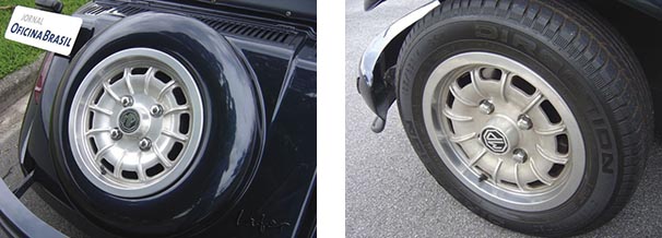 O falso estepe imita a roda de liga leve / Lafer TI trazia rodas com desenho mais esportivo